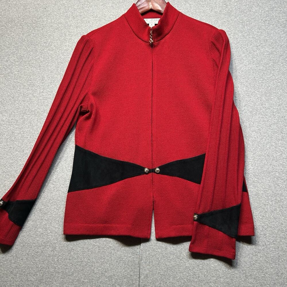 Vintage St John by Marie Gray Red Santana Knit Cardigan Women black Size 8